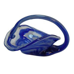 Hand Blown Art Glass Basket Bowl W/Handle Blue 6.5x5x4.5"